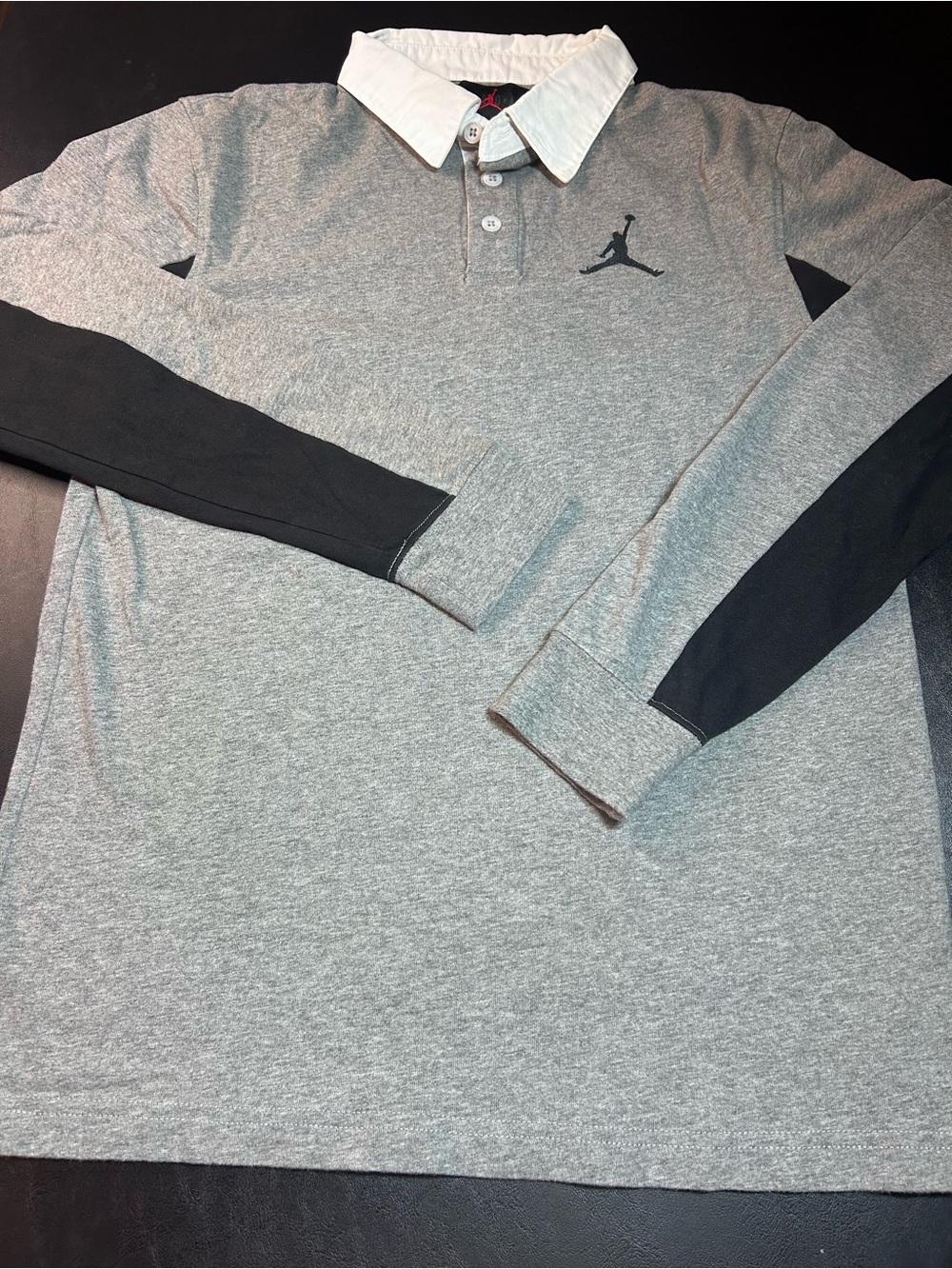 Jordan Grey Long-Sleeve Polo with White Collar and Black Sleeve Panels